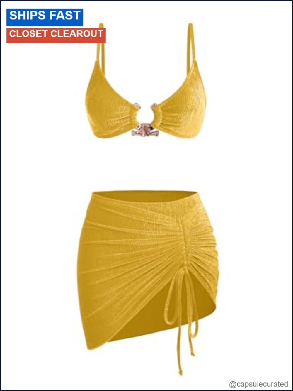 3 Piece Metallic Bikini Set with Sarong Wrap Coverup
